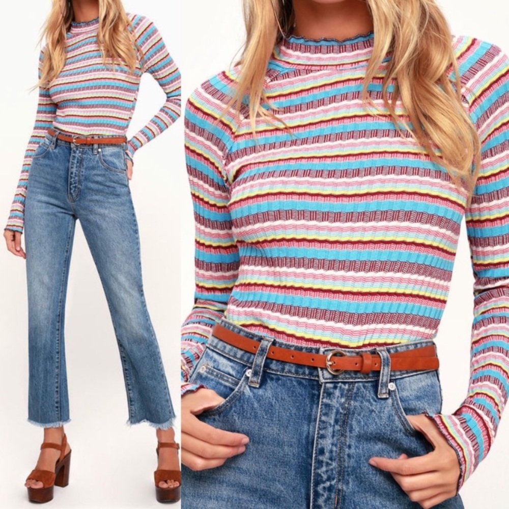 Free People Striped Mock Neck Long Sleeve Shirt/Sweater